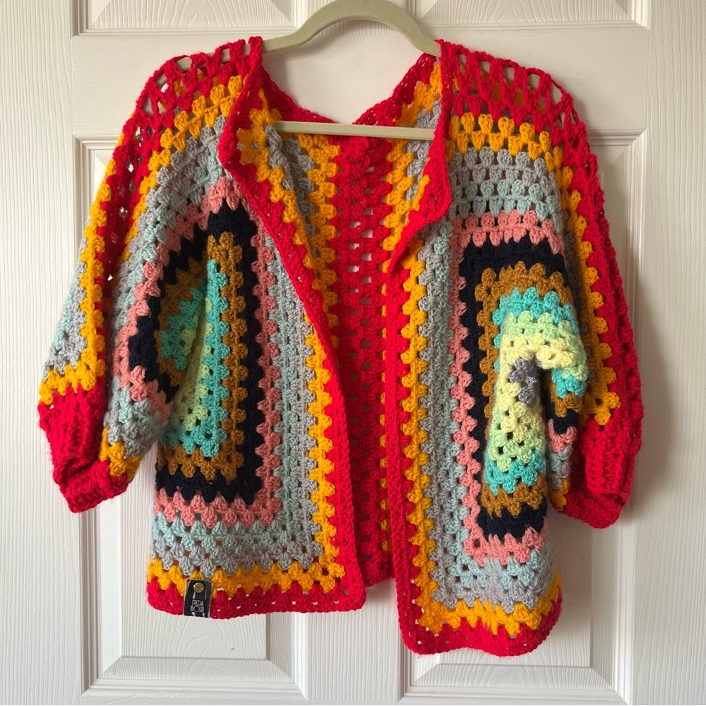 Freda Mohr Hand Made One-Of-A-Kind Colorful Crochet Cardigan